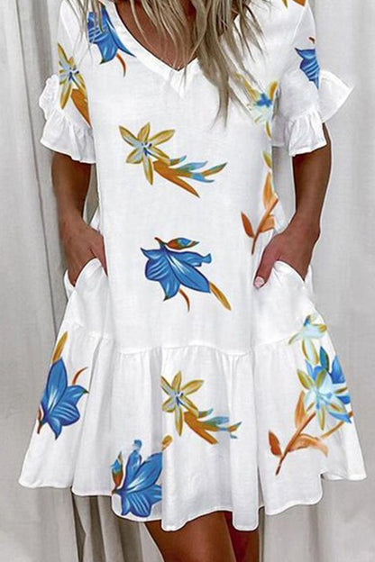 Print V Neck a Line Mini Dresses(7 Colors)