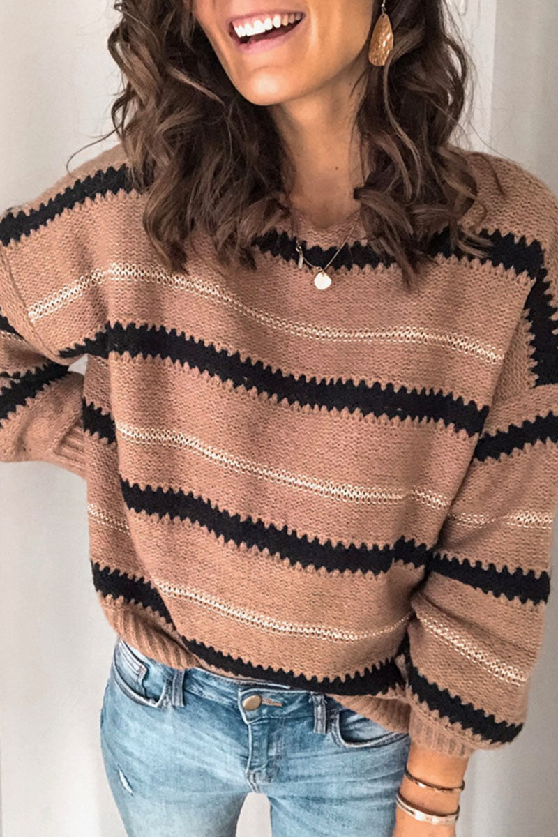 Striped Patchwork O Neck Sweaters(4 Colors)