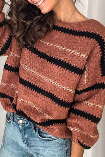 Striped Patchwork O Neck Sweaters(4 Colors)