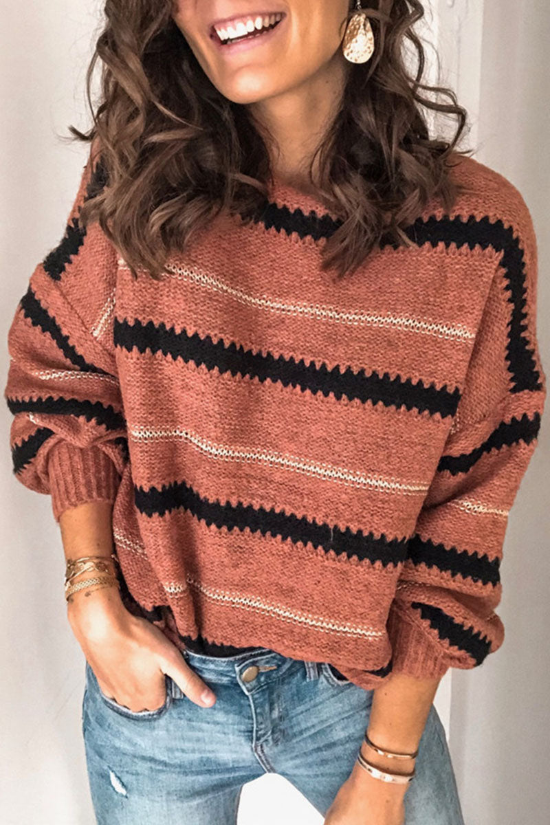 Striped Patchwork O Neck Sweaters(4 Colors)
