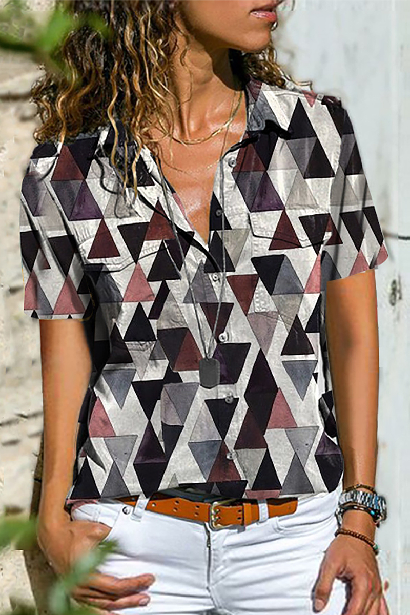 Street Print Patchwork Buckle Shirt Collar Blouses
