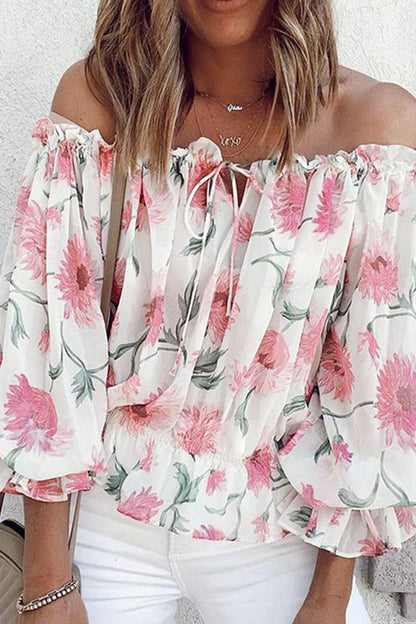 Sweet Print Patchwork Off the Shoulder Blouses(4 Colors)