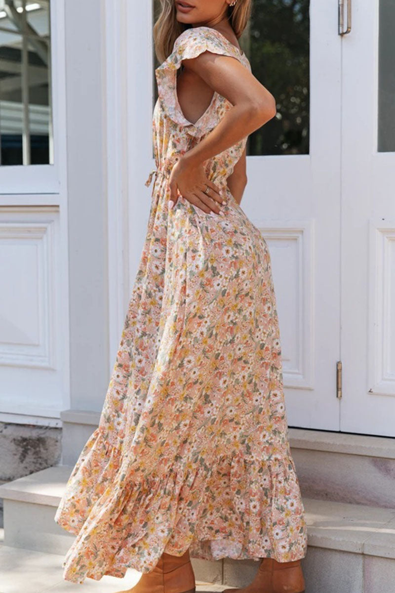 Street Print V Neck Waist Skirt Dresses