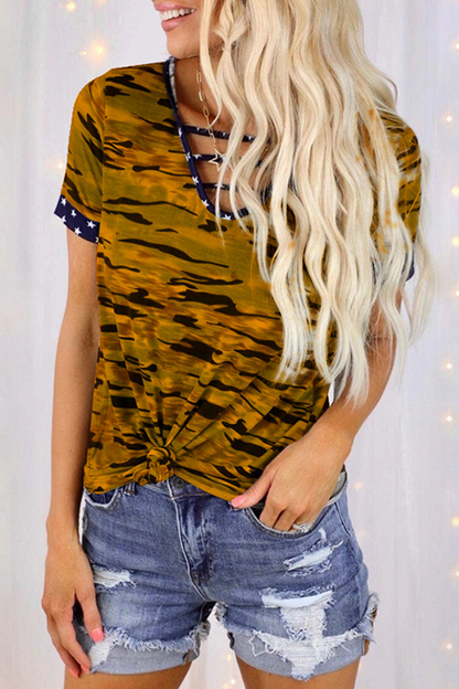 Street Camouflage Print Hollowed Out Split Joint V Neck T-shirts(5 Colors)