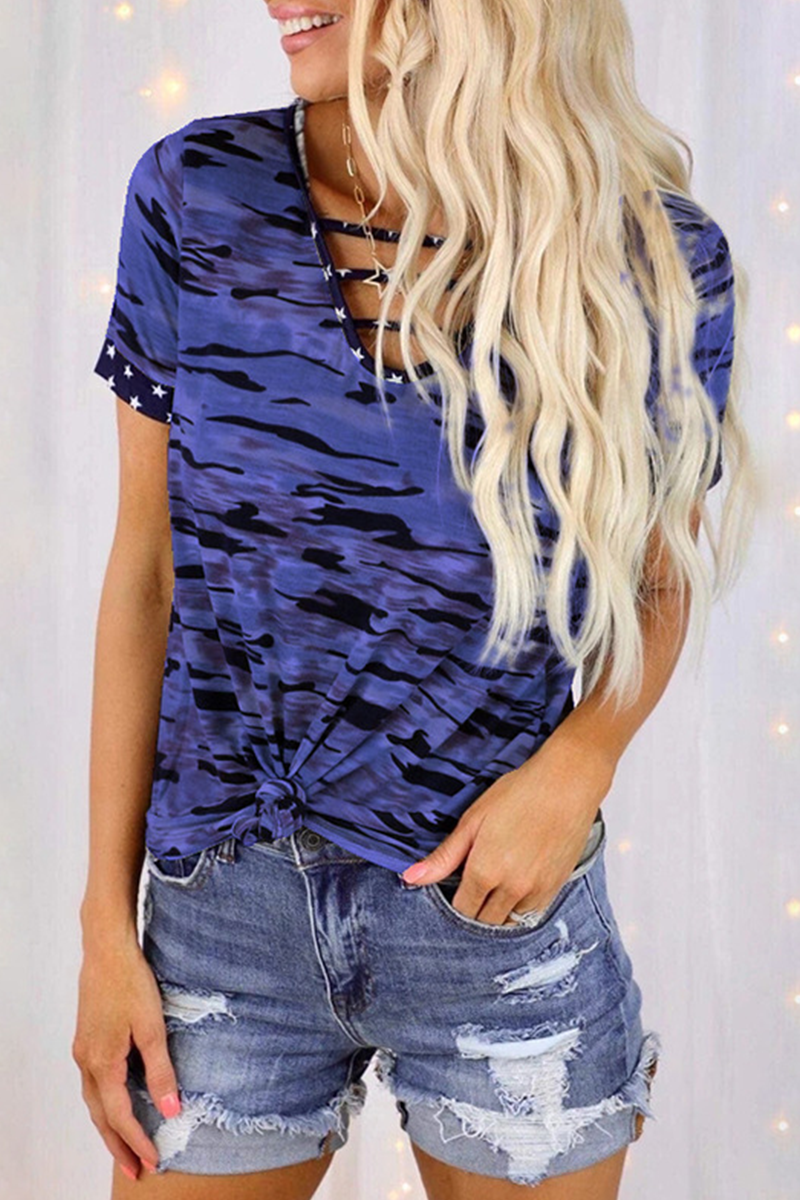 Street Camouflage Print Hollowed Out Split Joint V Neck T-shirts(5 Colors)