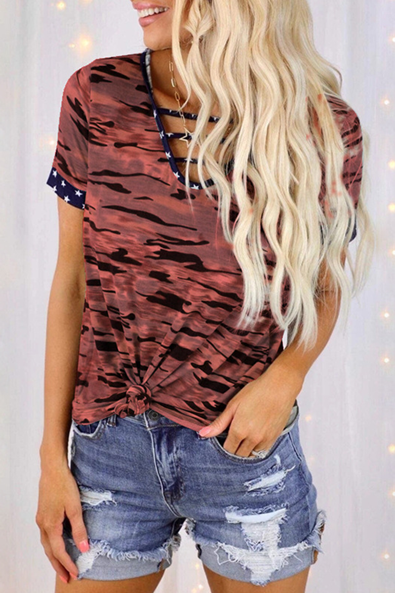 Street Camouflage Print Hollowed Out Split Joint V Neck T-shirts(5 Colors)