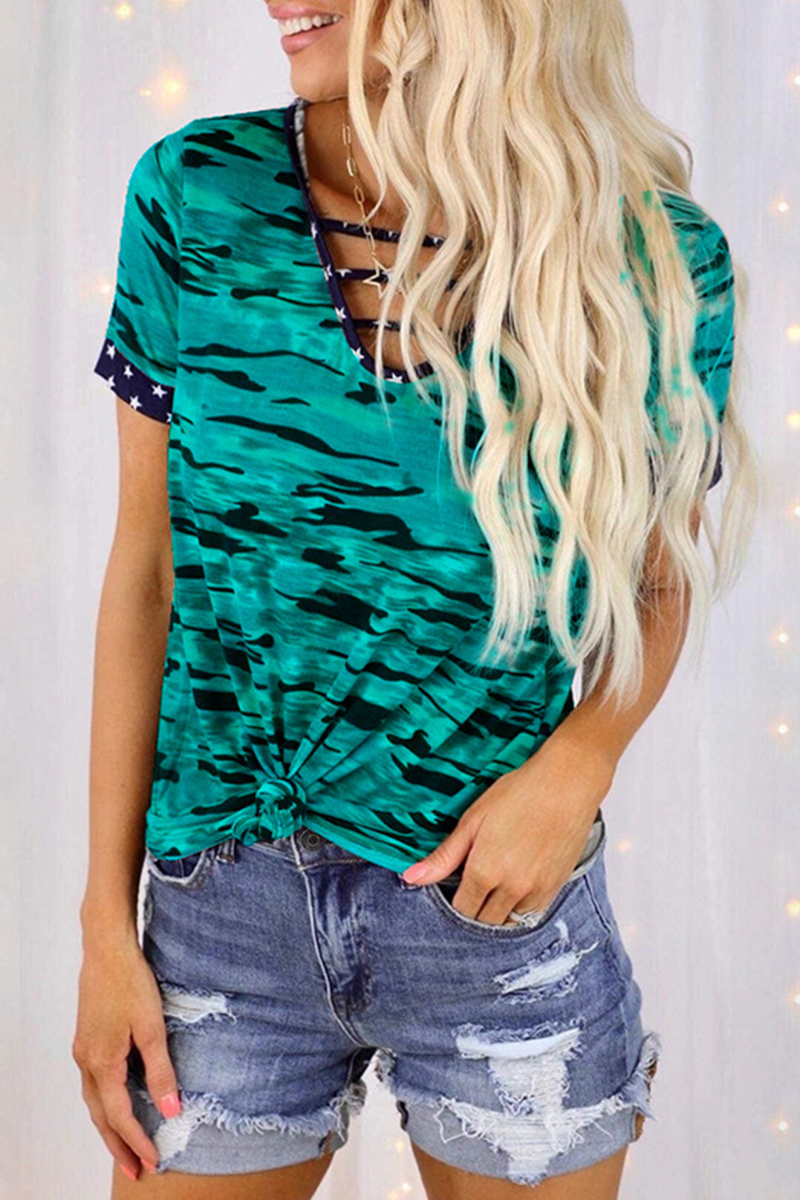 Street Camouflage Print Hollowed Out Split Joint V Neck T-shirts(5 Colors)