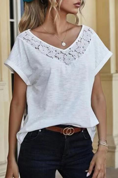 Lace Split Joint V Neck T-shirts