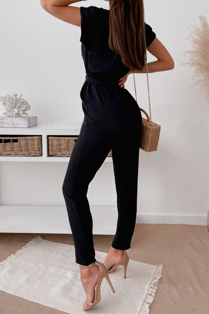 Pocket With Belt Turn-back Collar Jumpsuits