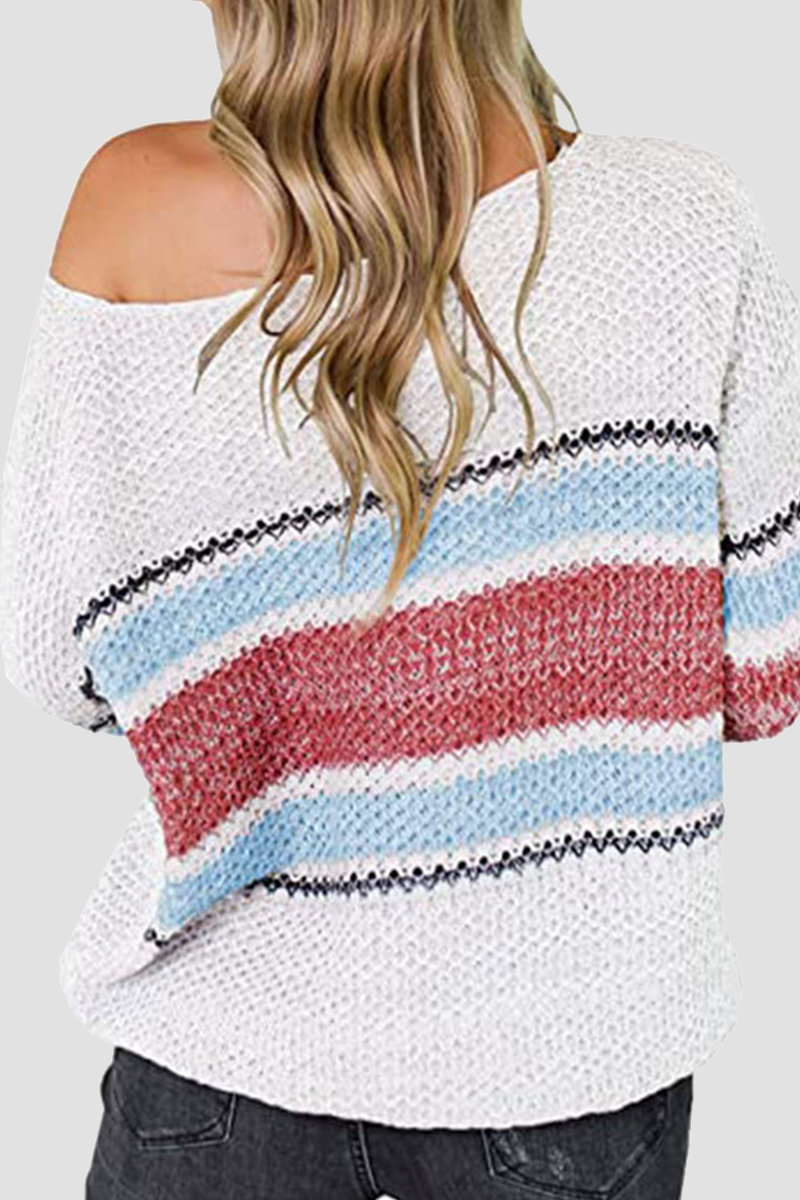 Patchwork Hollowed Out Contrast O Neck Tops Sweater