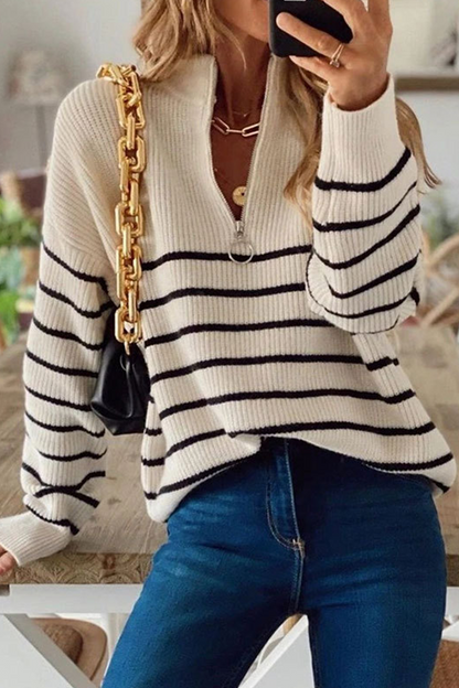 Striped Patchwork Zipper Zipper Collar Tops Sweater