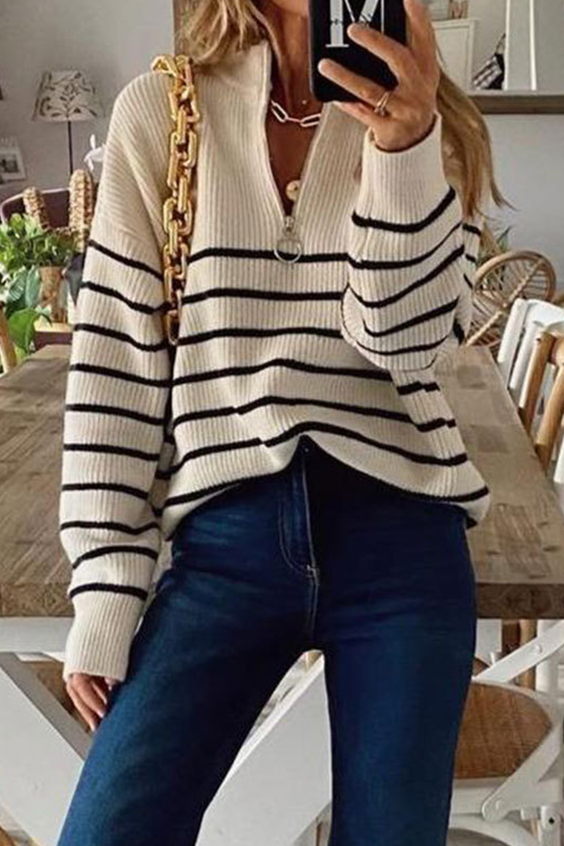 Striped Patchwork Zipper Collar Tops Sweater(3 Colors)