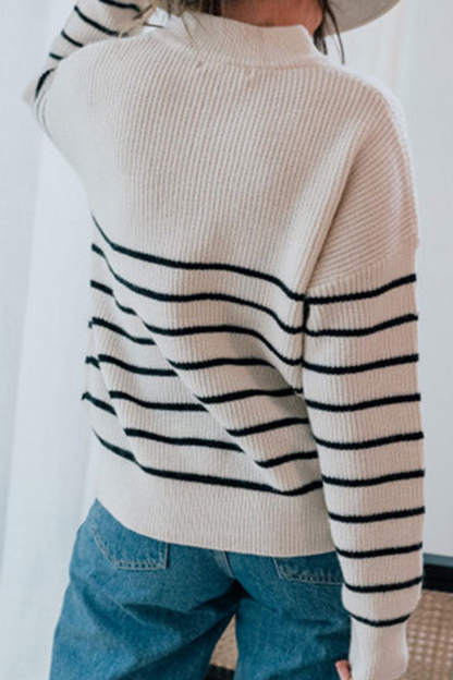 Striped Patchwork Zipper Zipper Collar Tops Sweater