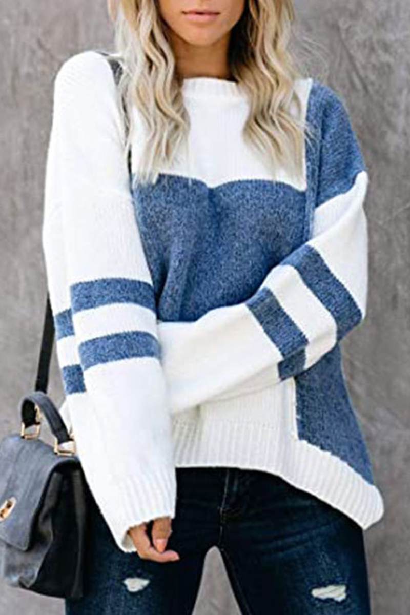 Patchwork Contrast O Neck Tops Sweater(5 Colors)