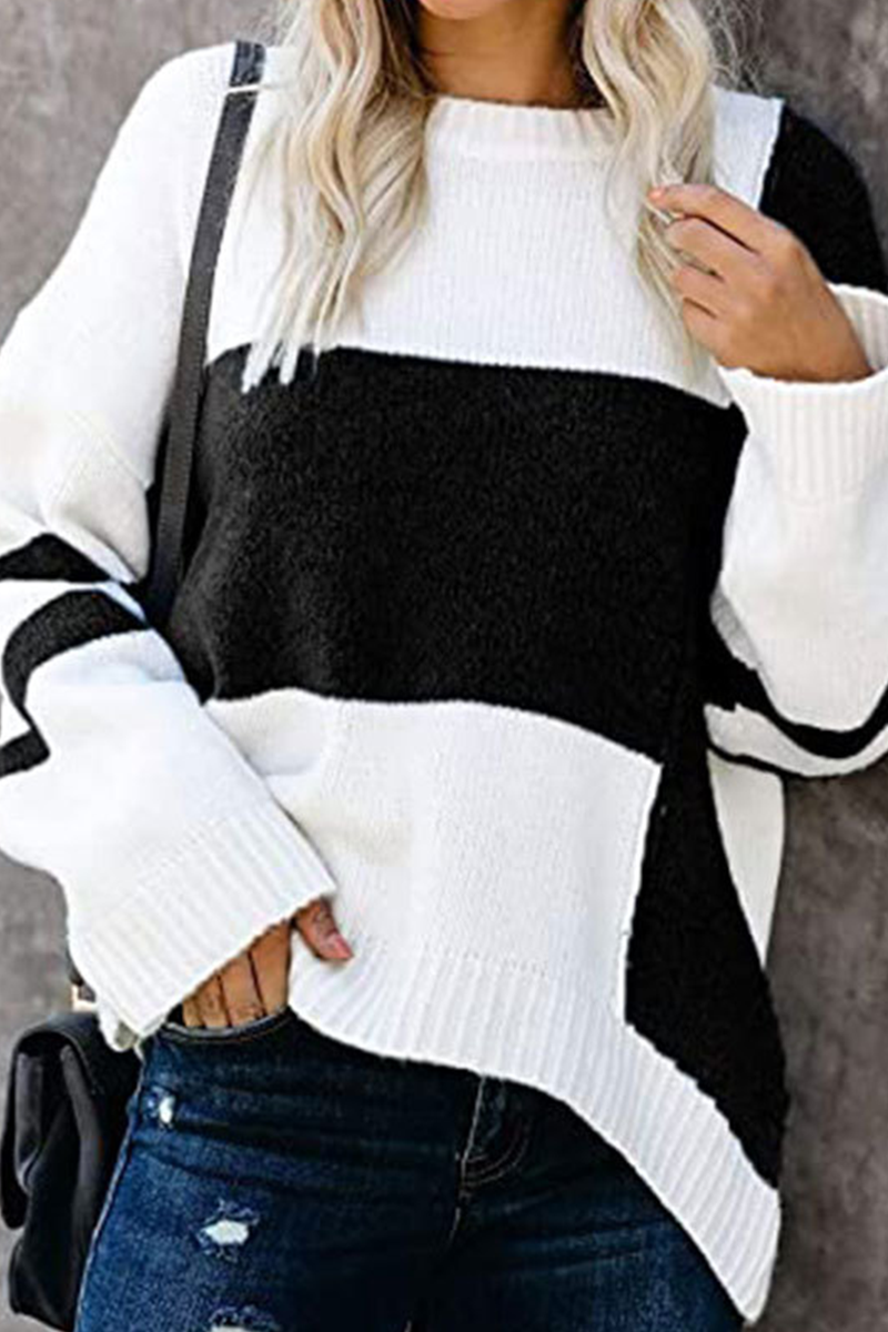 Patchwork Contrast O Neck Tops Sweater