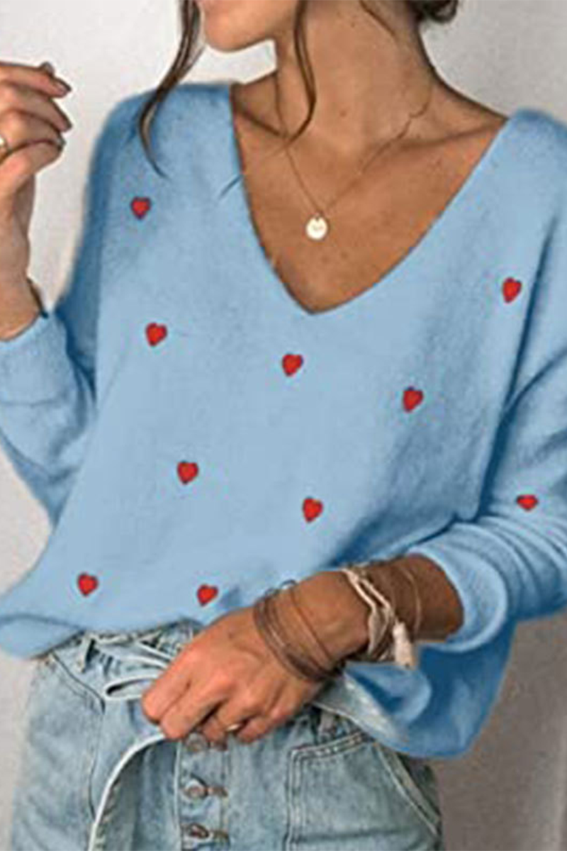 Print Basic V Neck Tops Sweater(4 Colors)