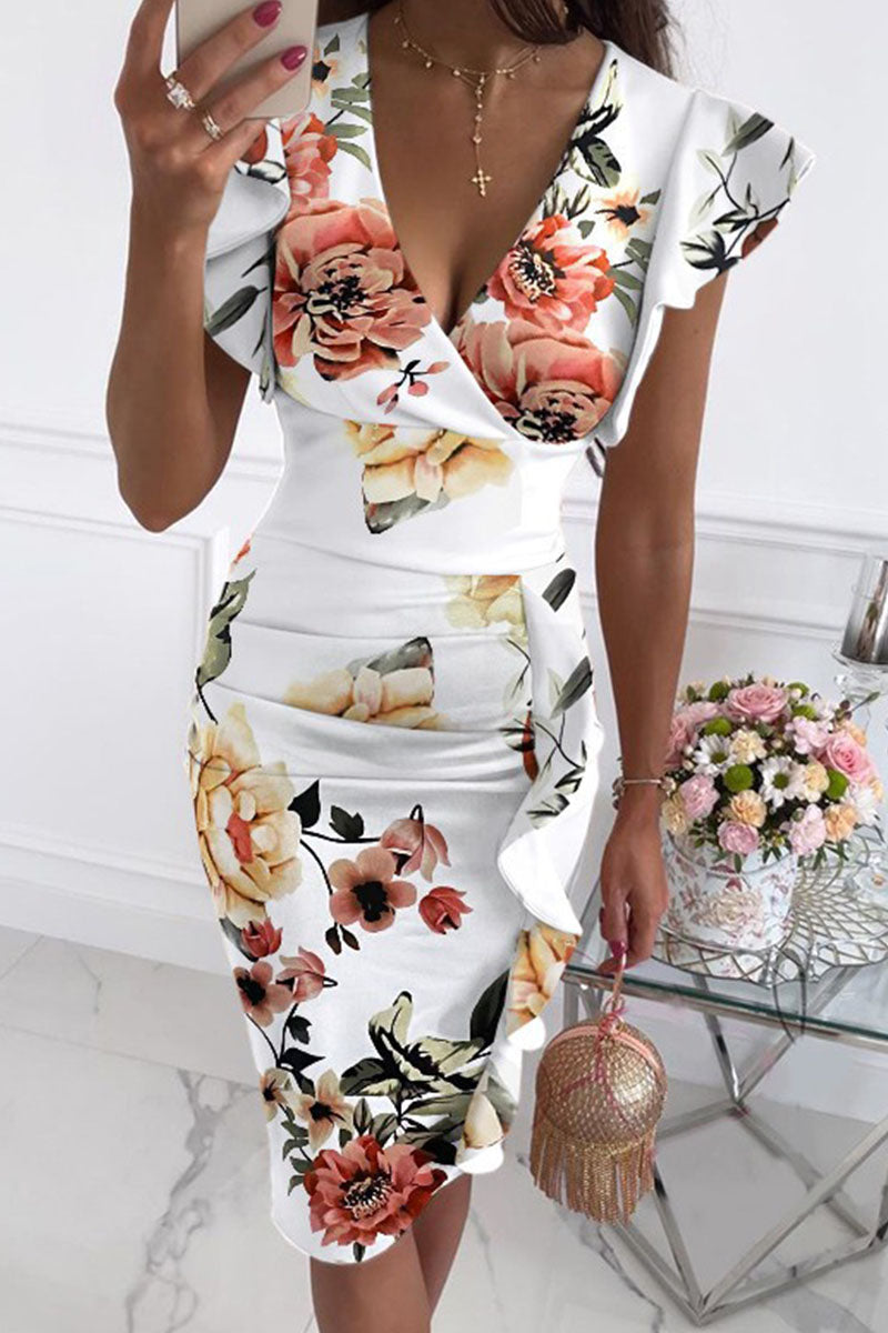 Street Print Patchwork V Neck Pencil Skirt Dresses(10 Colors)