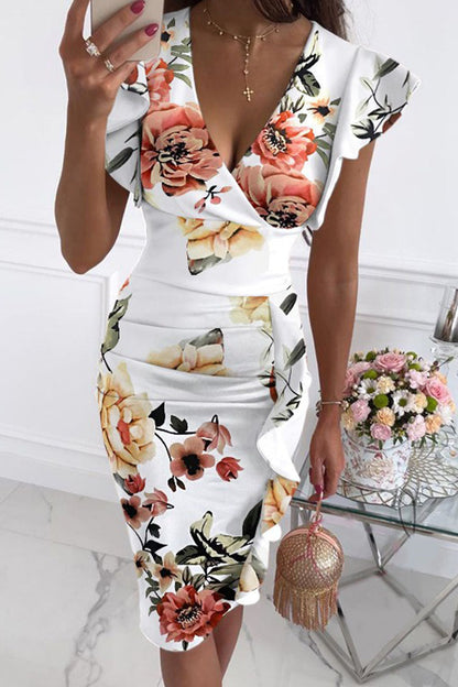 Street Print Patchwork V Neck Pencil Skirt Dresses(10 Colors)