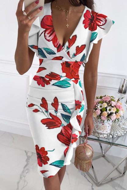 Street Print V Neck Pencil Skirt Dresses(10 Colors)