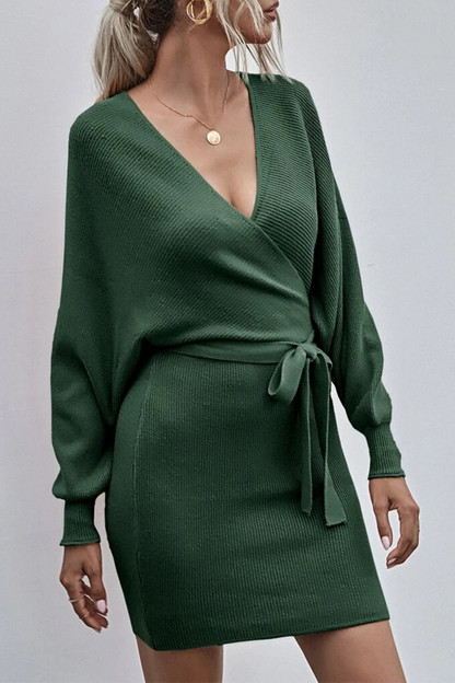 With Belt V Neck Waist Skirt Dresses