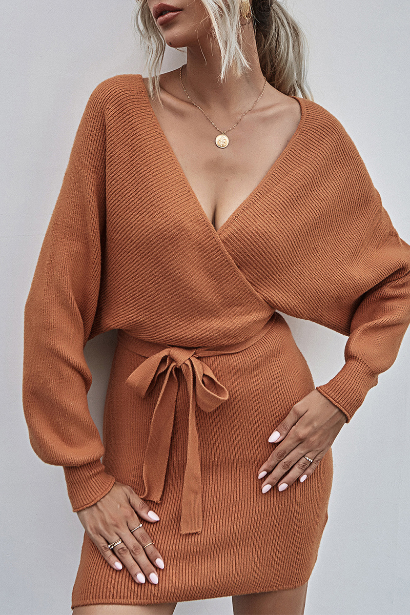 With Belt V Neck Waist Skirt Dresses
