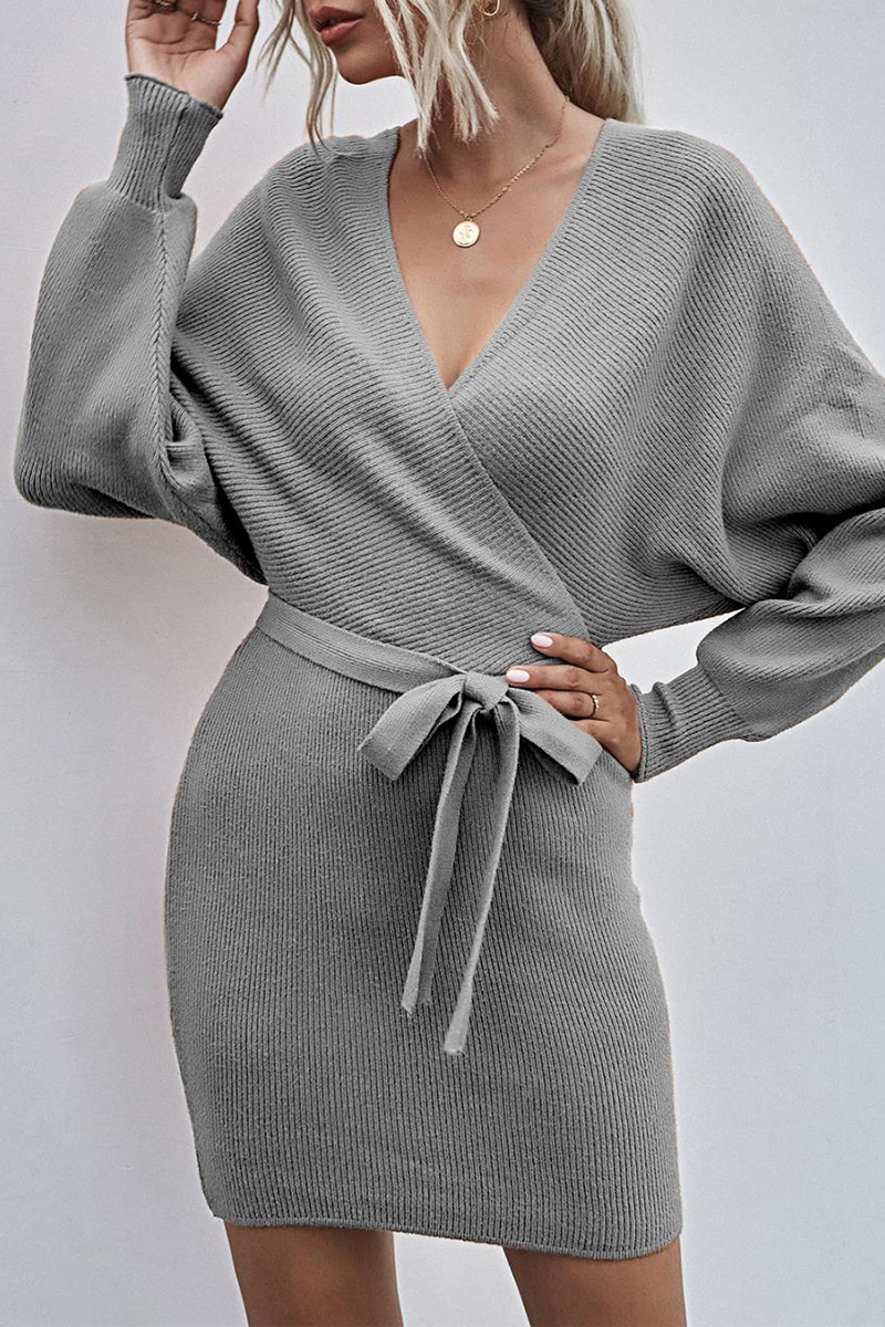 With Belt V Neck Waist Skirt Dresses