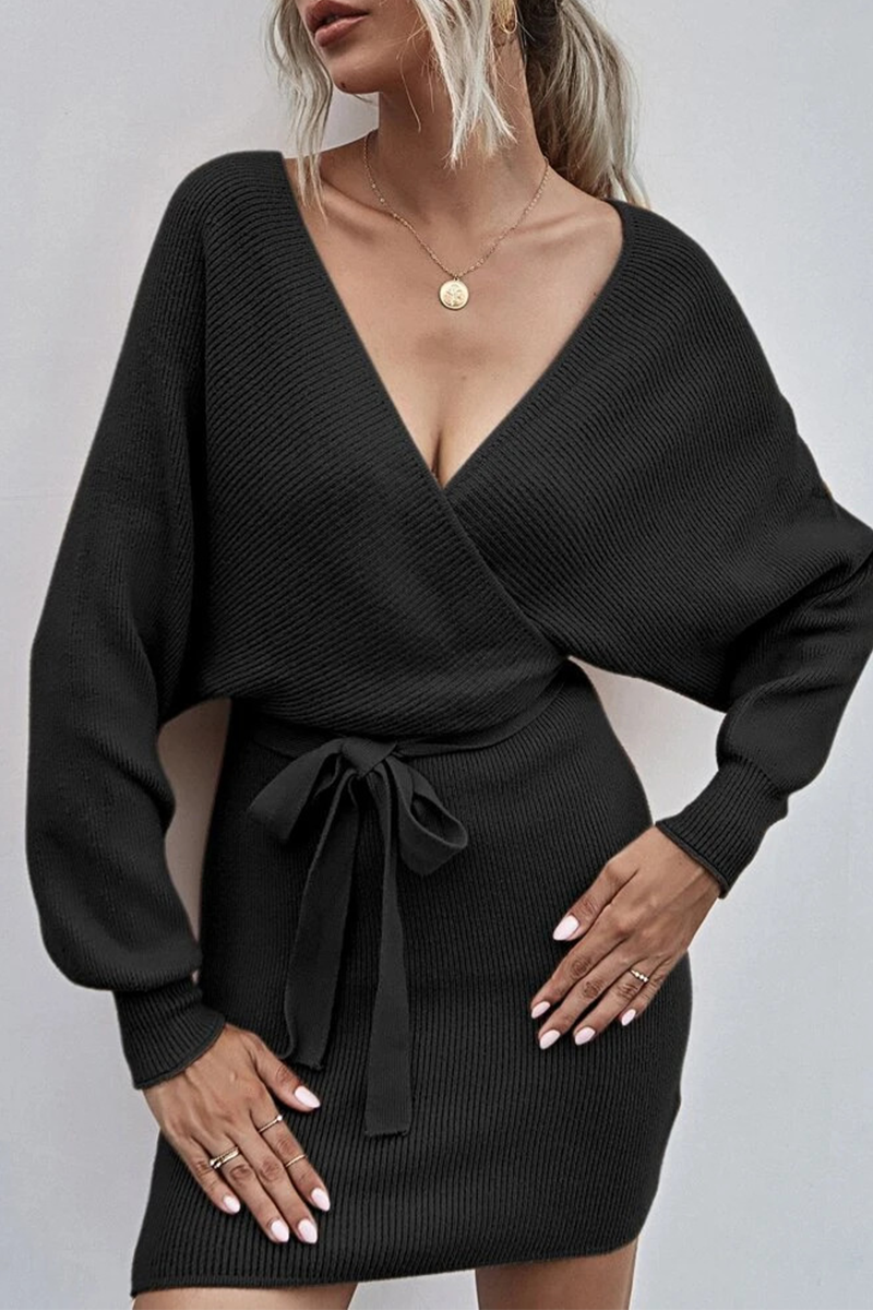 With Belt V Neck Waist Skirt Dresses