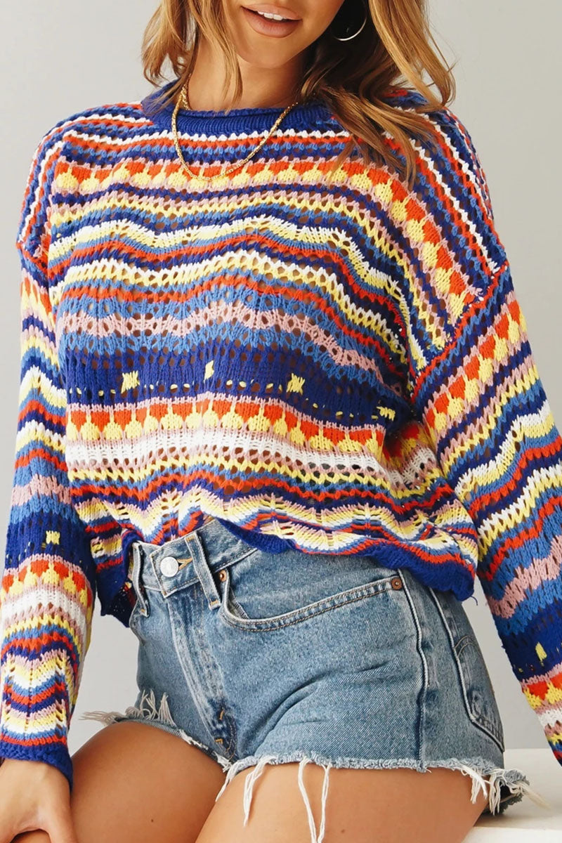 Street Striped Patchwork O Neck Sweaters(3 Colors)