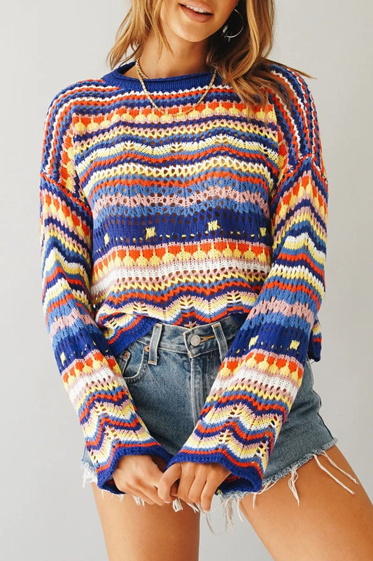Street Striped Patchwork O Neck Sweaters(3 Colors)