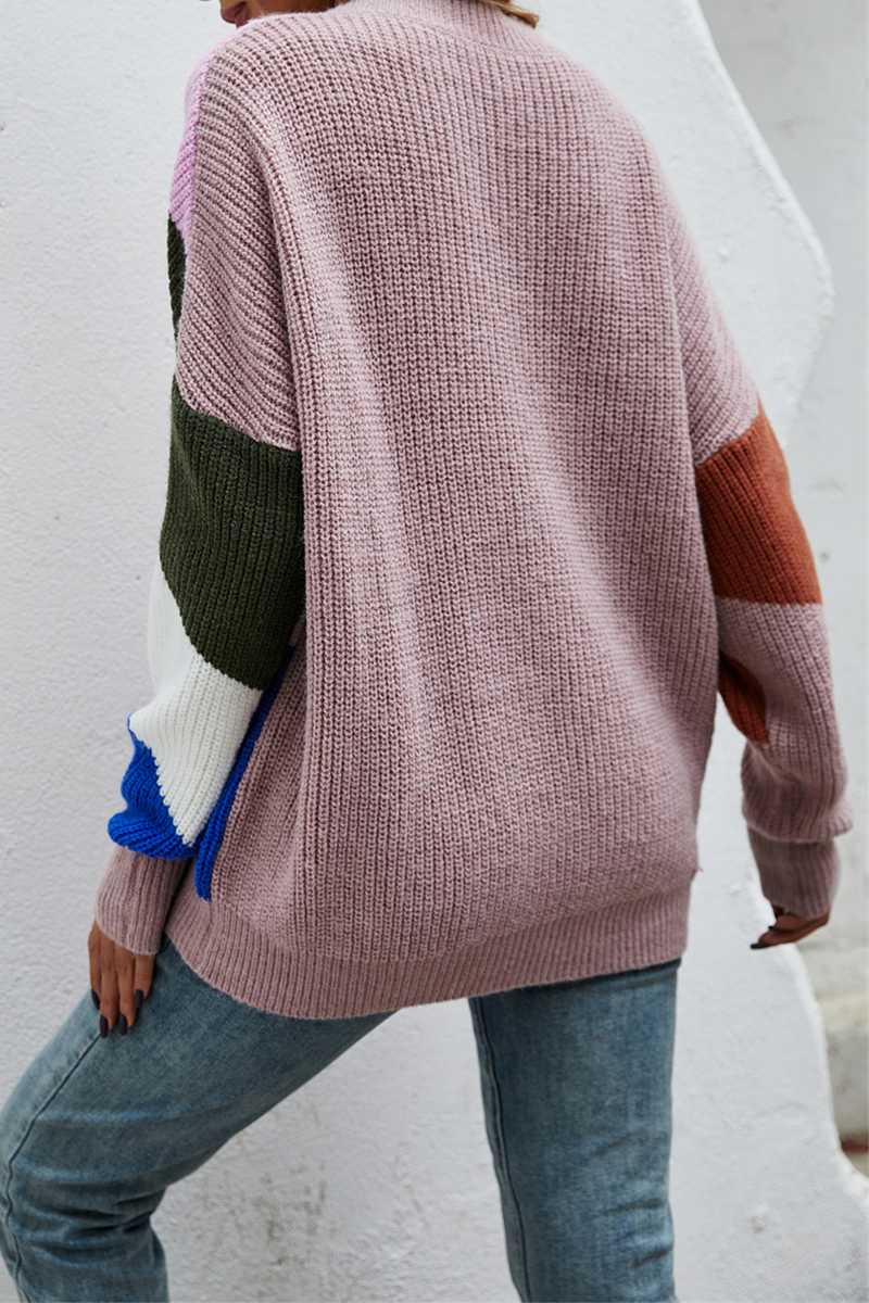 Street Color Lump Split Joint Buckle V Neck Tops Sweater