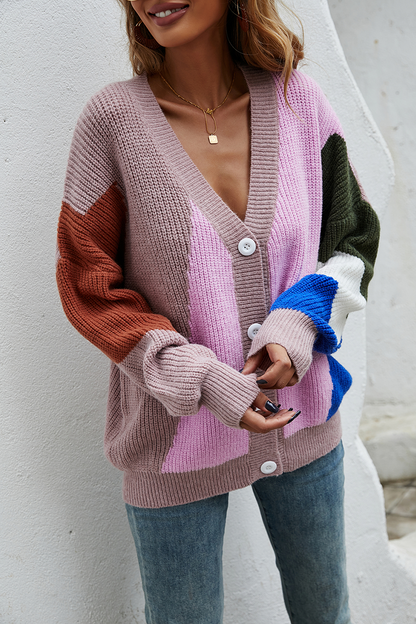 Street Color Lump Split Joint Buckle V Neck Tops Sweater