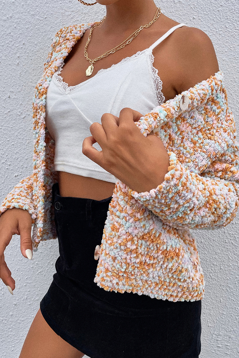 Patchwork Buckle V Neck Tops Sweater