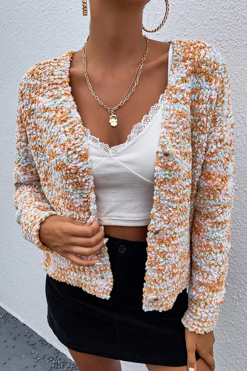 Patchwork Buckle V Neck Tops Sweater