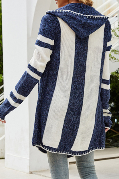 Striped Contrast Hooded Collar Tops Sweater