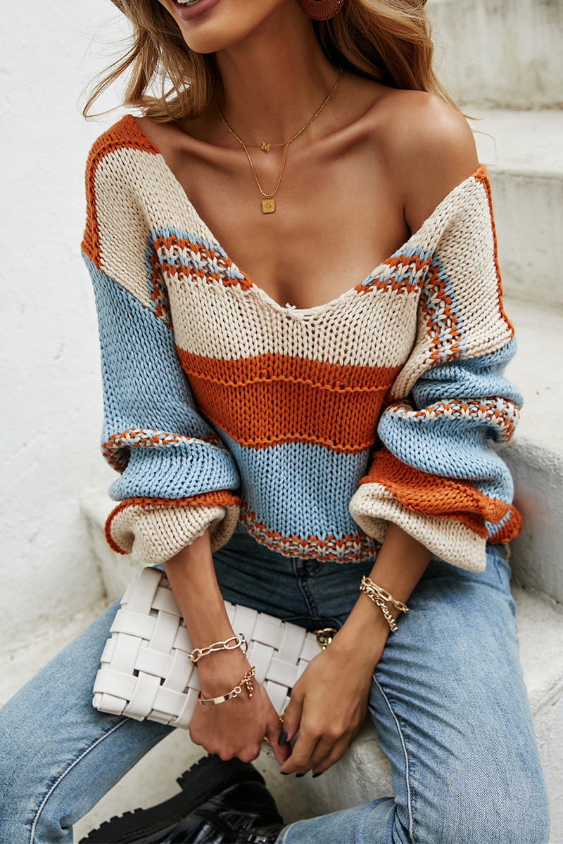 Striped Contrast V Neck Tops Sweater
