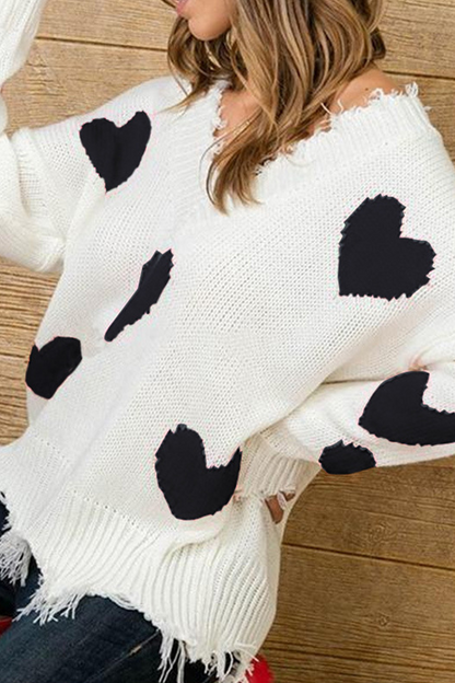 Print Tassel Contrast V Neck Tops Sweater