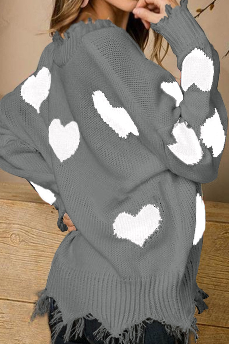 Print Tassel Contrast V Neck Tops Sweater