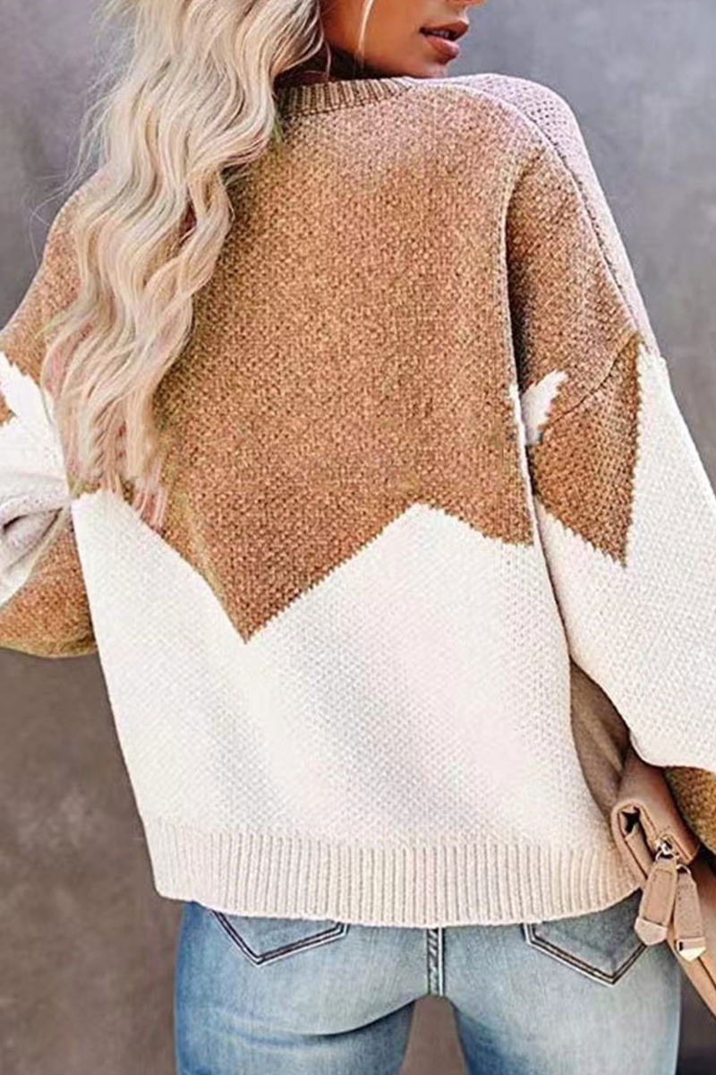 Geometric Contrast O Neck Tops Sweater