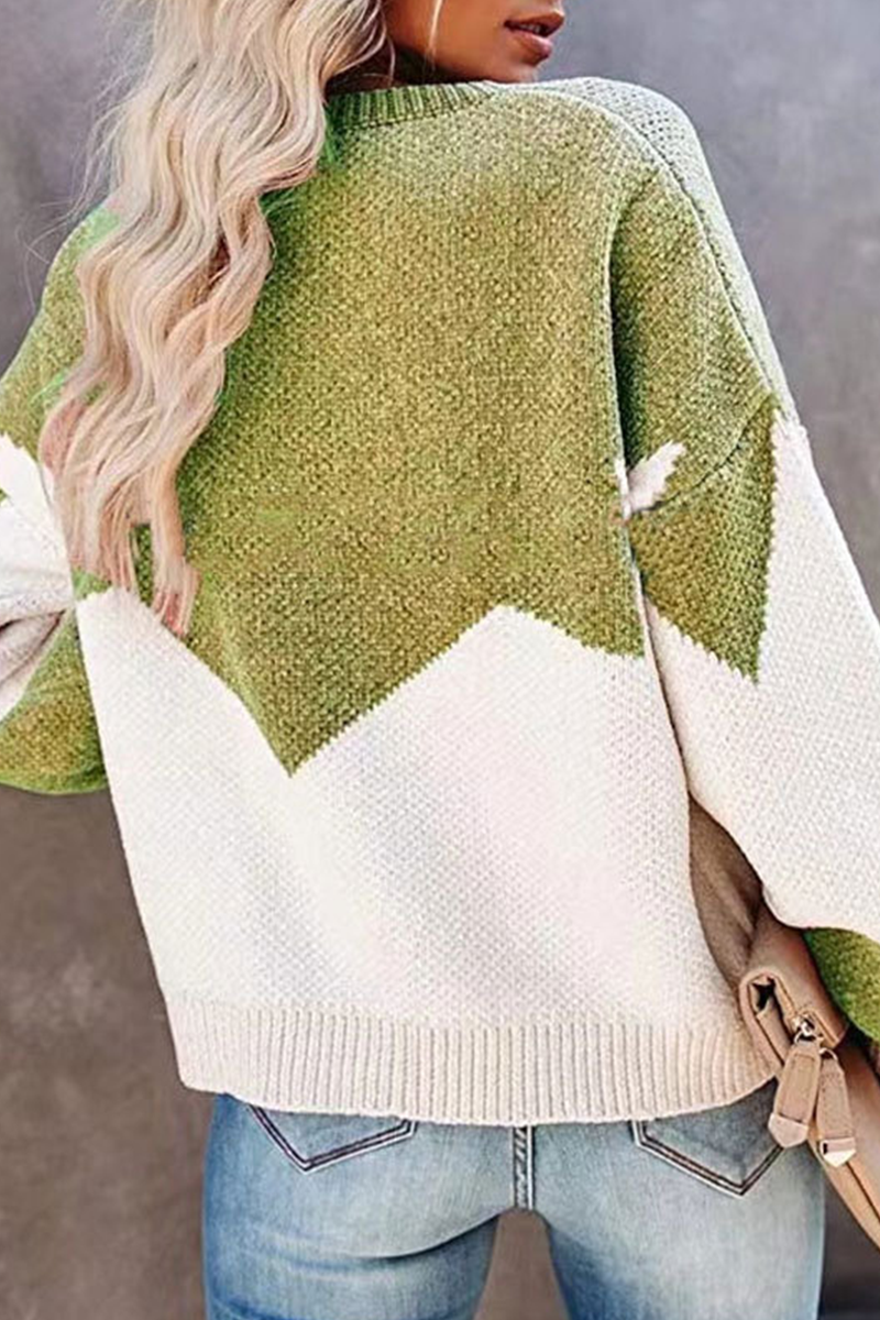Geometric Contrast O Neck Tops Sweater