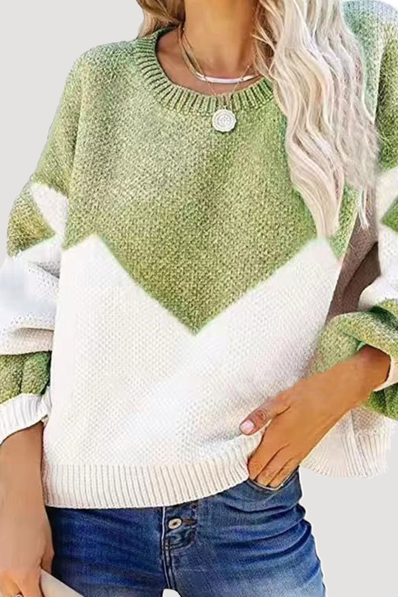 Geometric Contrast O Neck Tops Sweater