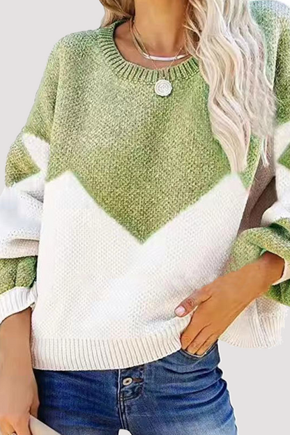 Geometric Contrast O Neck Tops Sweater