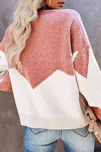 Geometric Contrast O Neck Tops Sweater