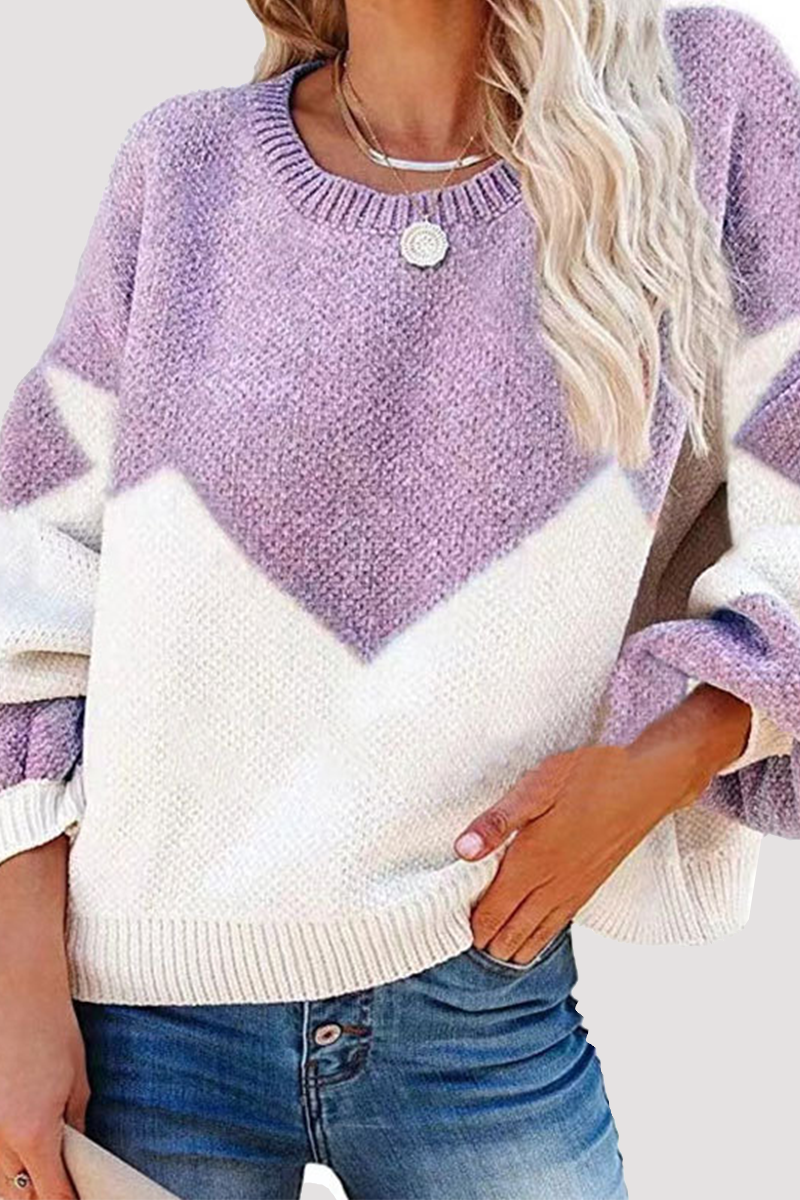 Geometric Contrast O Neck Tops Sweater