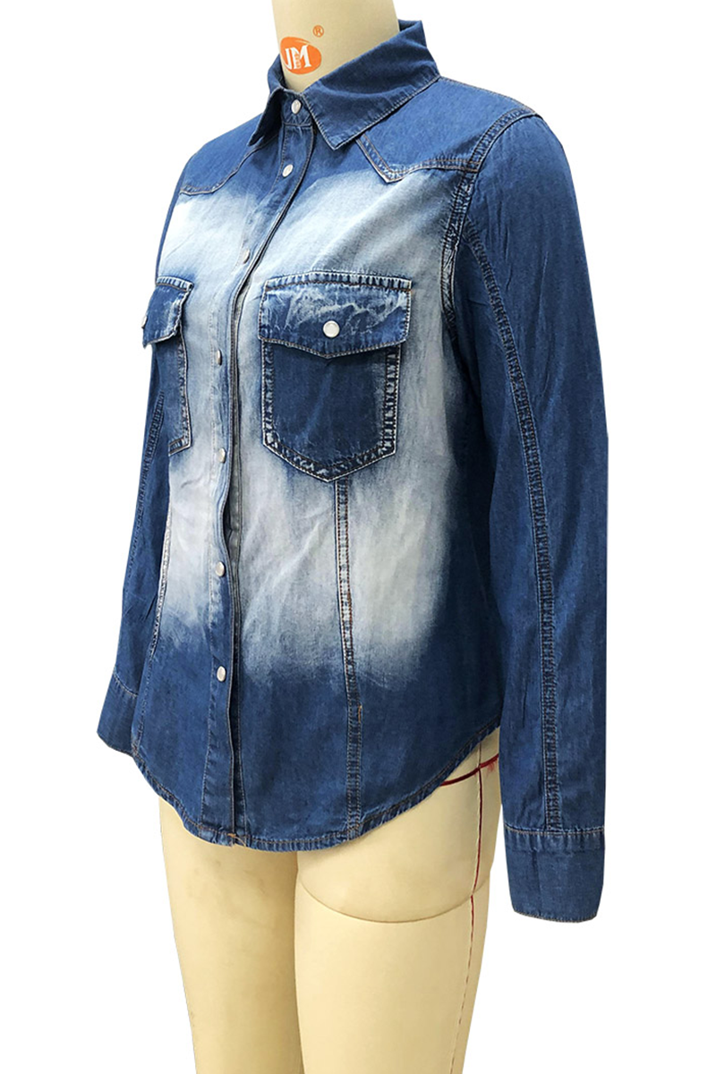 Patchwork Pocket Buckle Turndown Collar Blouses