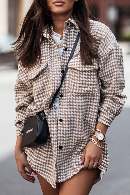 Plaid Pocket Buckle Turndown Collar Blouses (3 Colors)