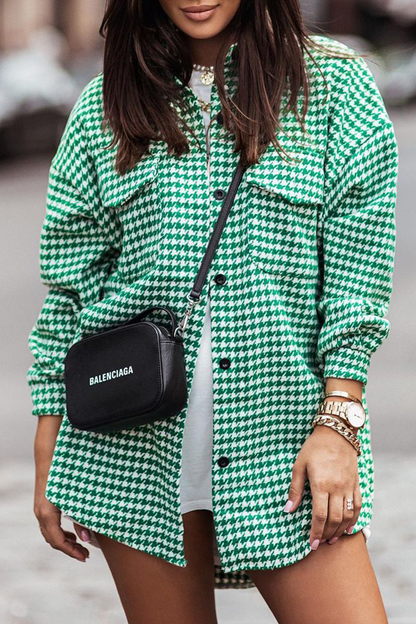 Plaid Pocket Buckle Turndown Collar Blouses (3 Colors)