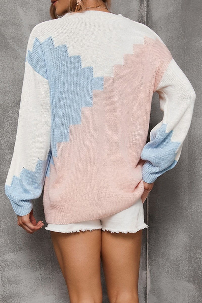 Color Lump Contrast O Neck Tops Sweater