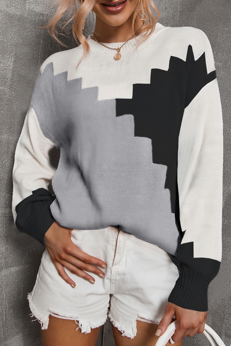 Color Lump Contrast O Neck Tops Sweater