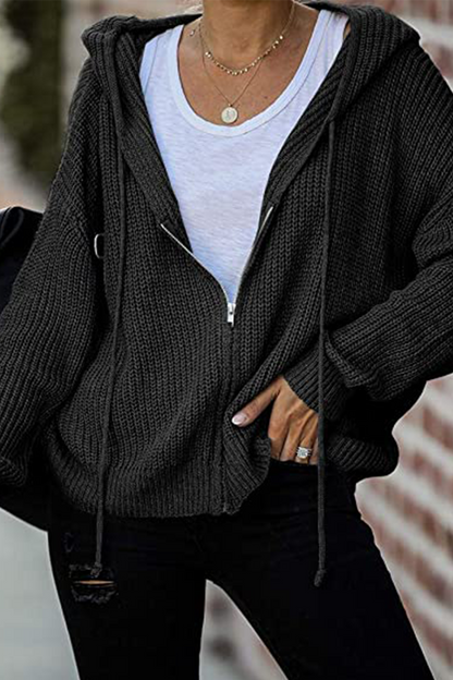 Draw String Zipper Hooded Collar Sweaters(5 Colors)