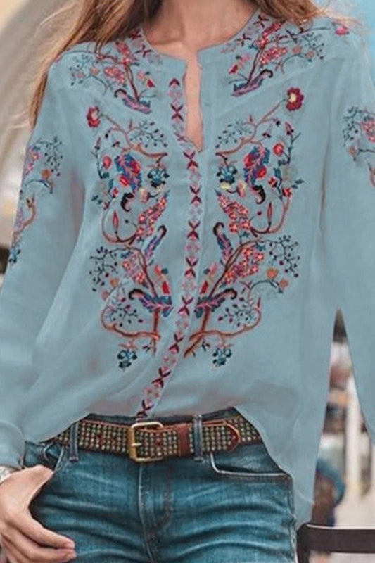Street Print Patchwork Mandarin Collar Blouses(3 Colors)